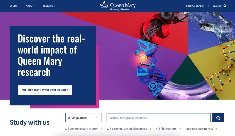 La page d'accueil de l'université Queen Mary de Londres est simple mais colorée.